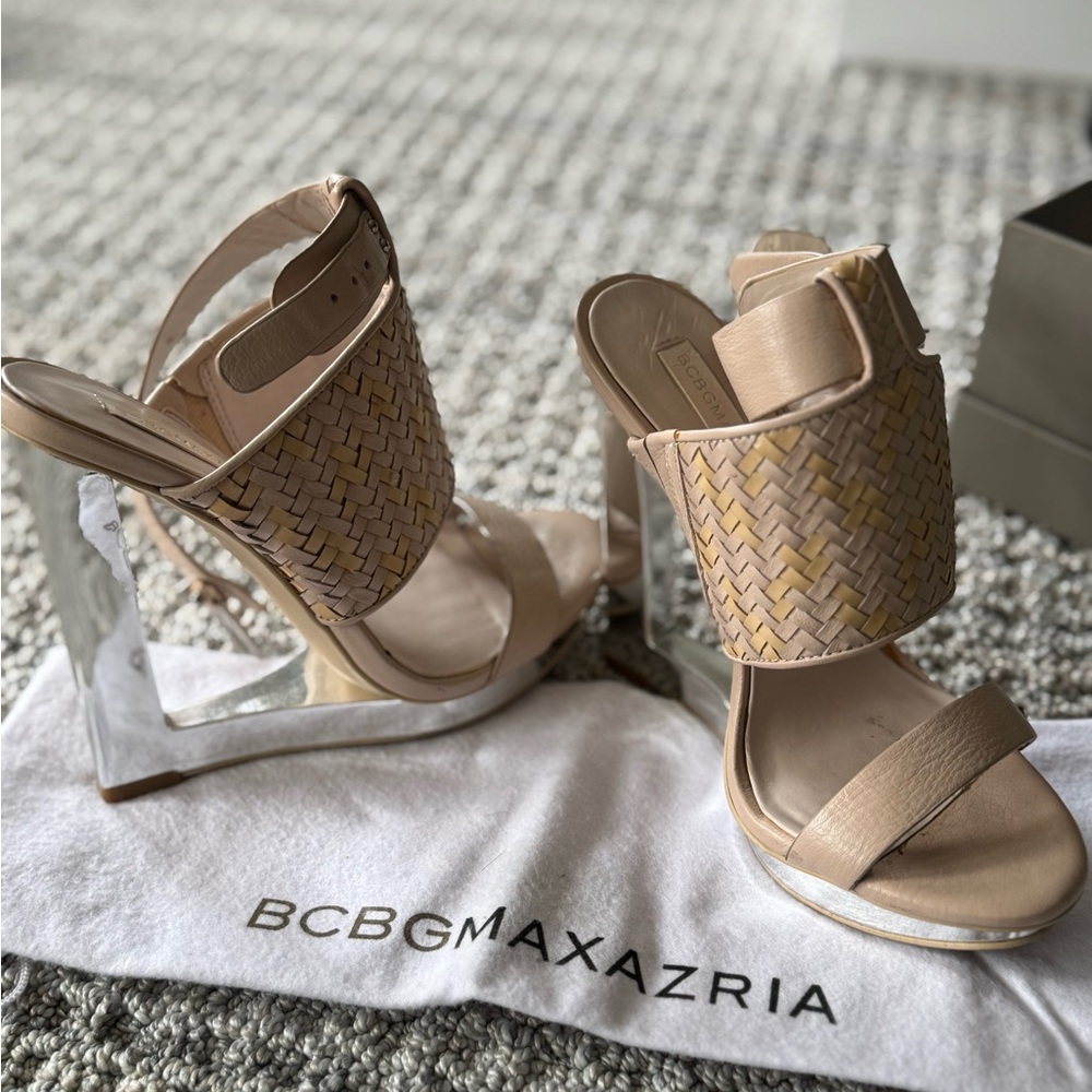 BCBGMaxAzria Tan Heels with Woven Strap and Clear Heel